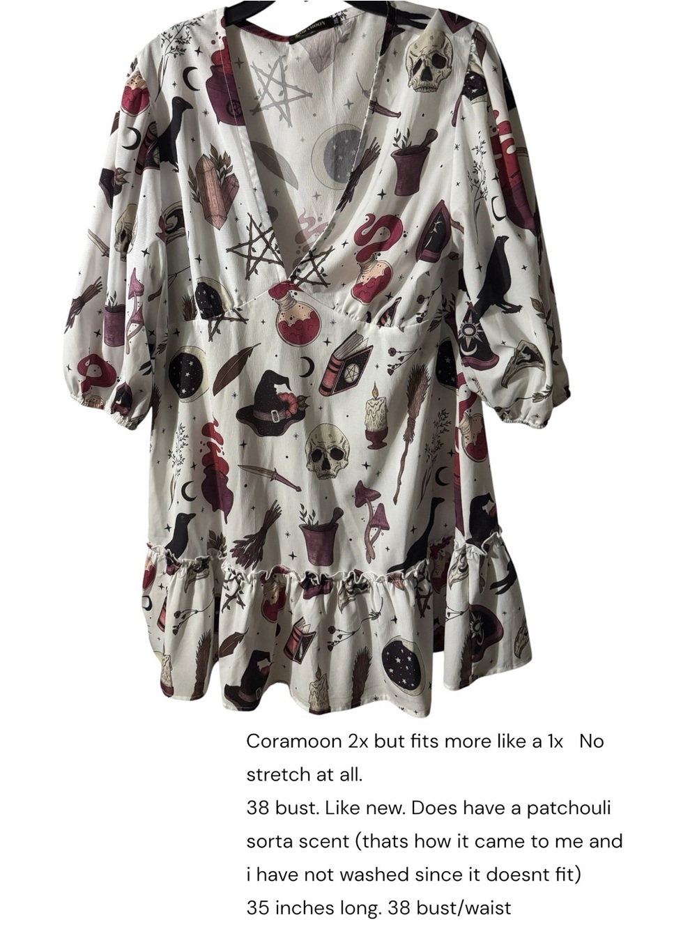 White Witchy Print V-Neck Ruffle Dress